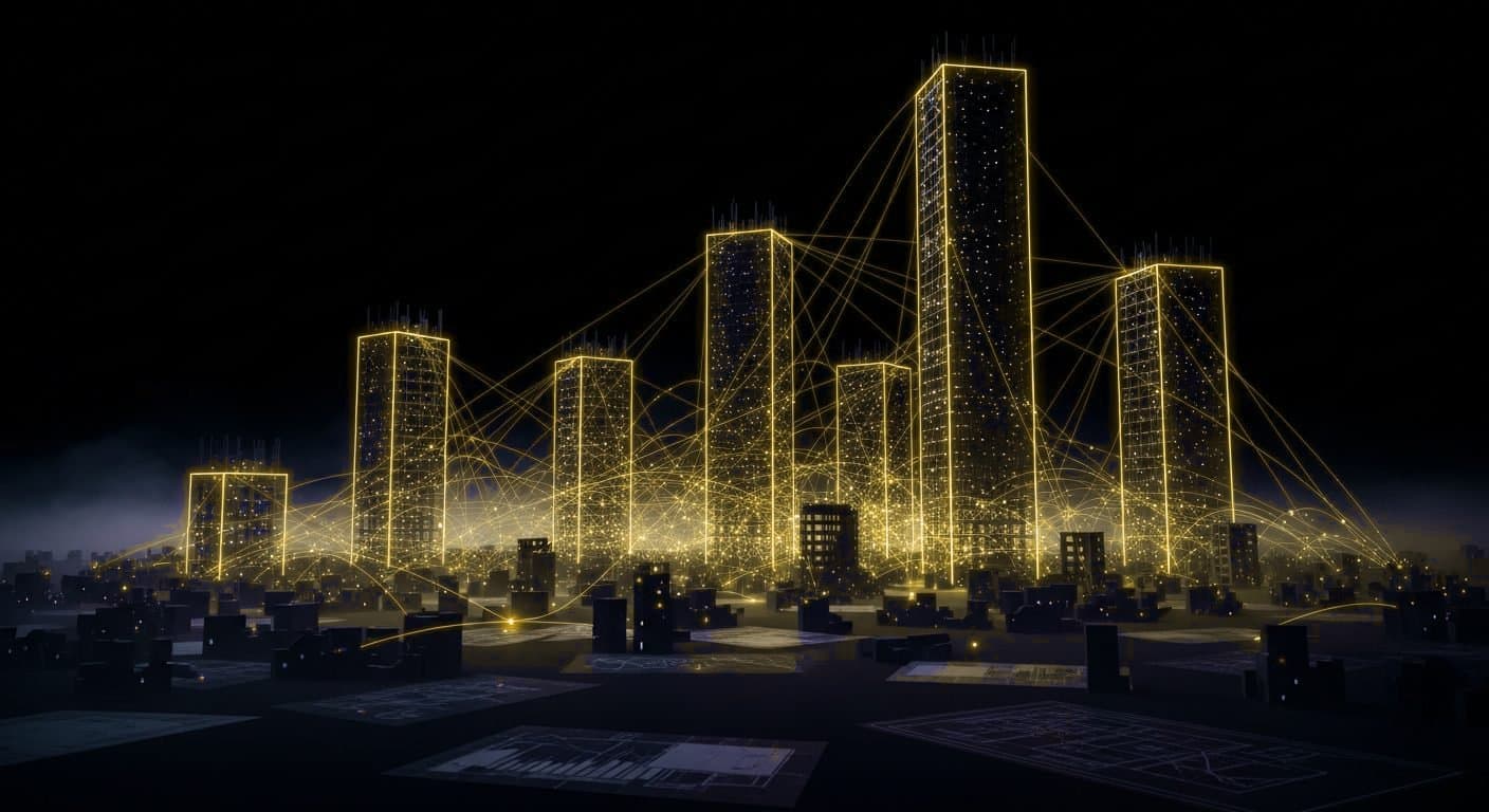 Money and deals flowing through a city of construction towers - the construction arbitrage model visualised