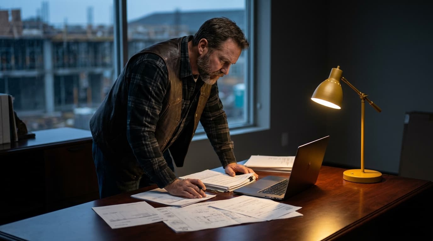A contractor at a desk reviewing invoices under warm golden light - calculating the real cost of paid construction leads