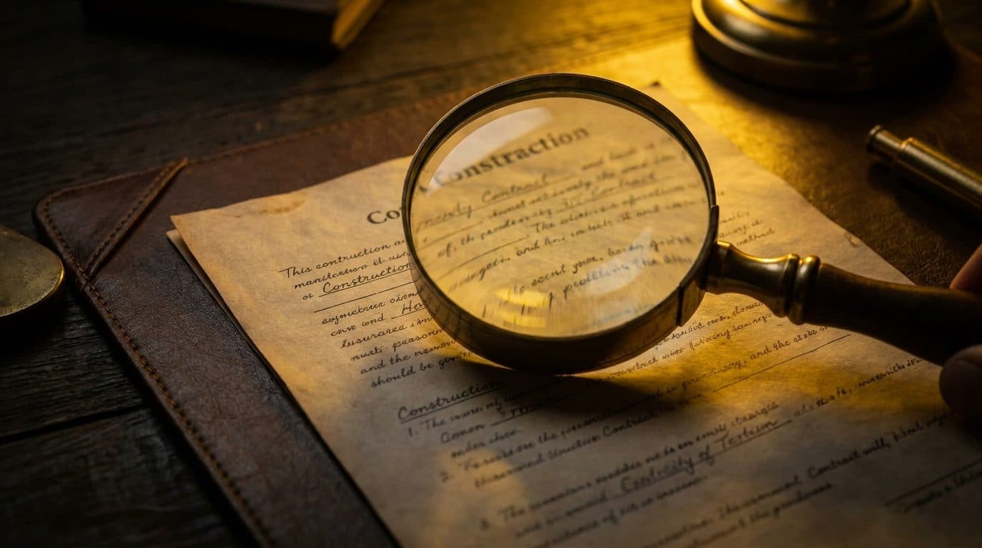 A magnifying glass held over a construction contract on a dark desk with golden rim lighting.