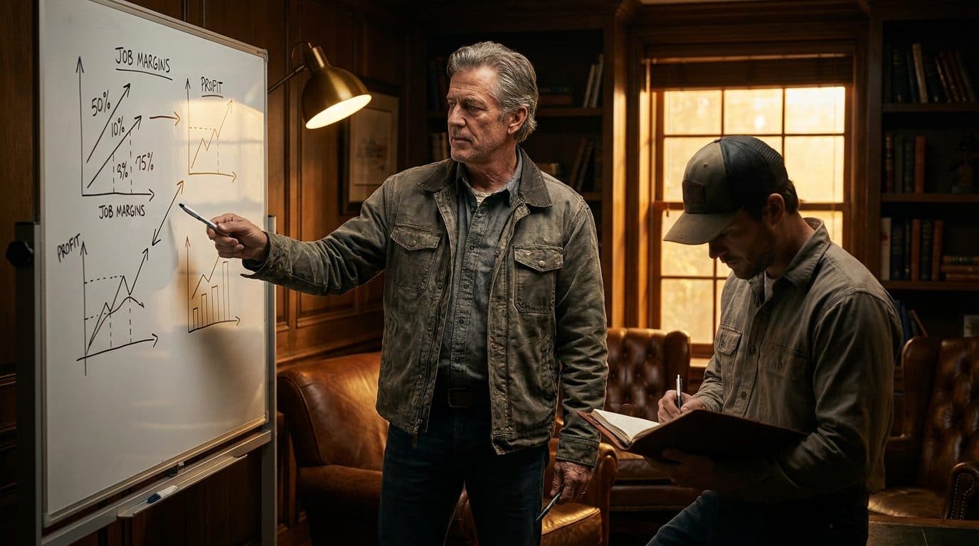 A mentor pointing at a whiteboard of job margins while a younger contractor takes notes in warm golden light.
