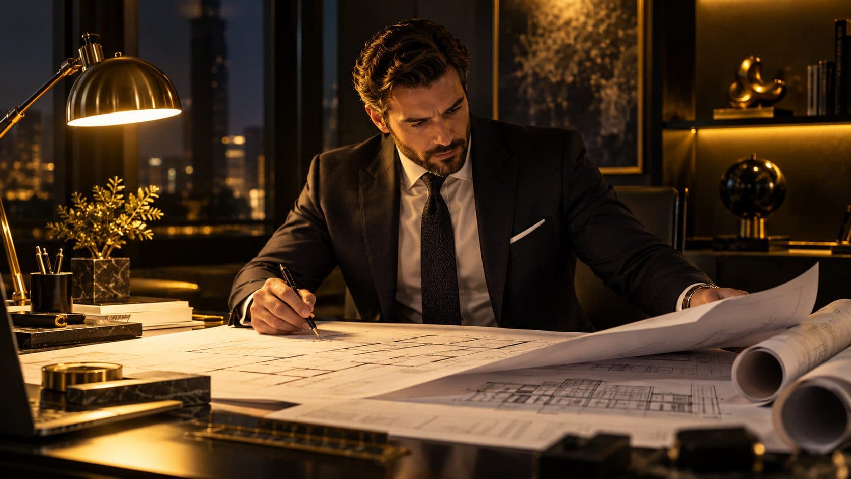 A general contractor reviewing a business plan at a desk, with blueprints and a laptop - planning the financial model before the first job starts