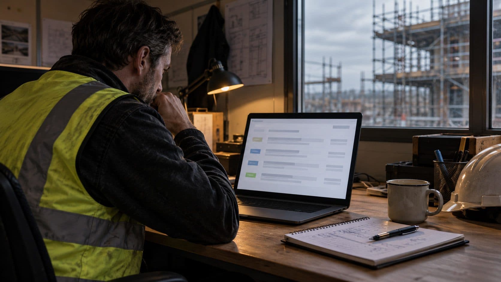 A UK contractor at a desk on a Monday morning reading a list of public contract award notices on a laptop, with a notebook of buyer names beside it