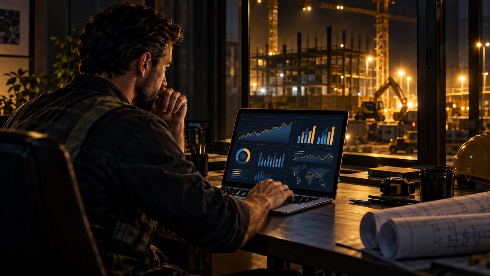 A contractor reviewing Meta Ads Manager on a laptop in a dark premium editorial setting with warm golden-yellow accent light and a construction site visible through the window