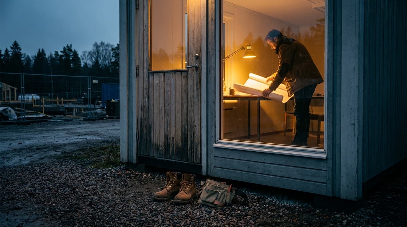 Work boots and tool belt set down at the door of a small site office at dusk, contractor reviewing plans inside under warm golden light, dark editorial mood