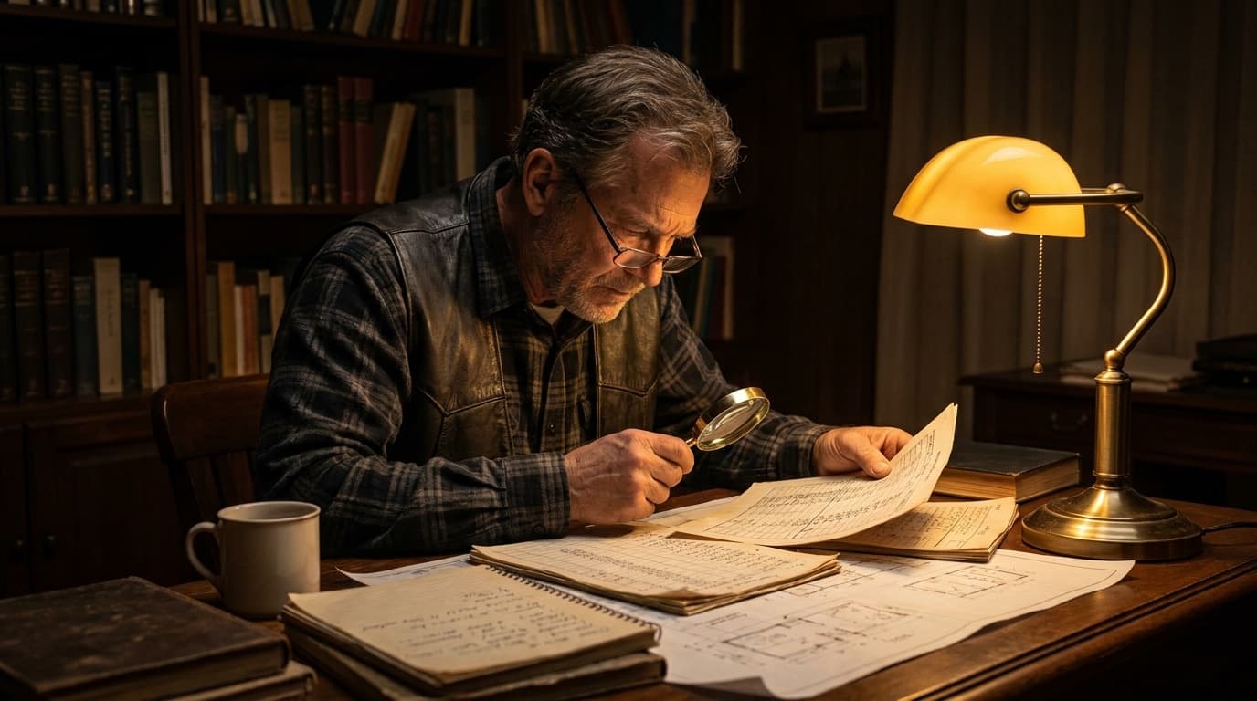 Contractor at a desk comparing job pricing sheets and margin figures under warm golden-yellow lamplight, dark premium editorial mood