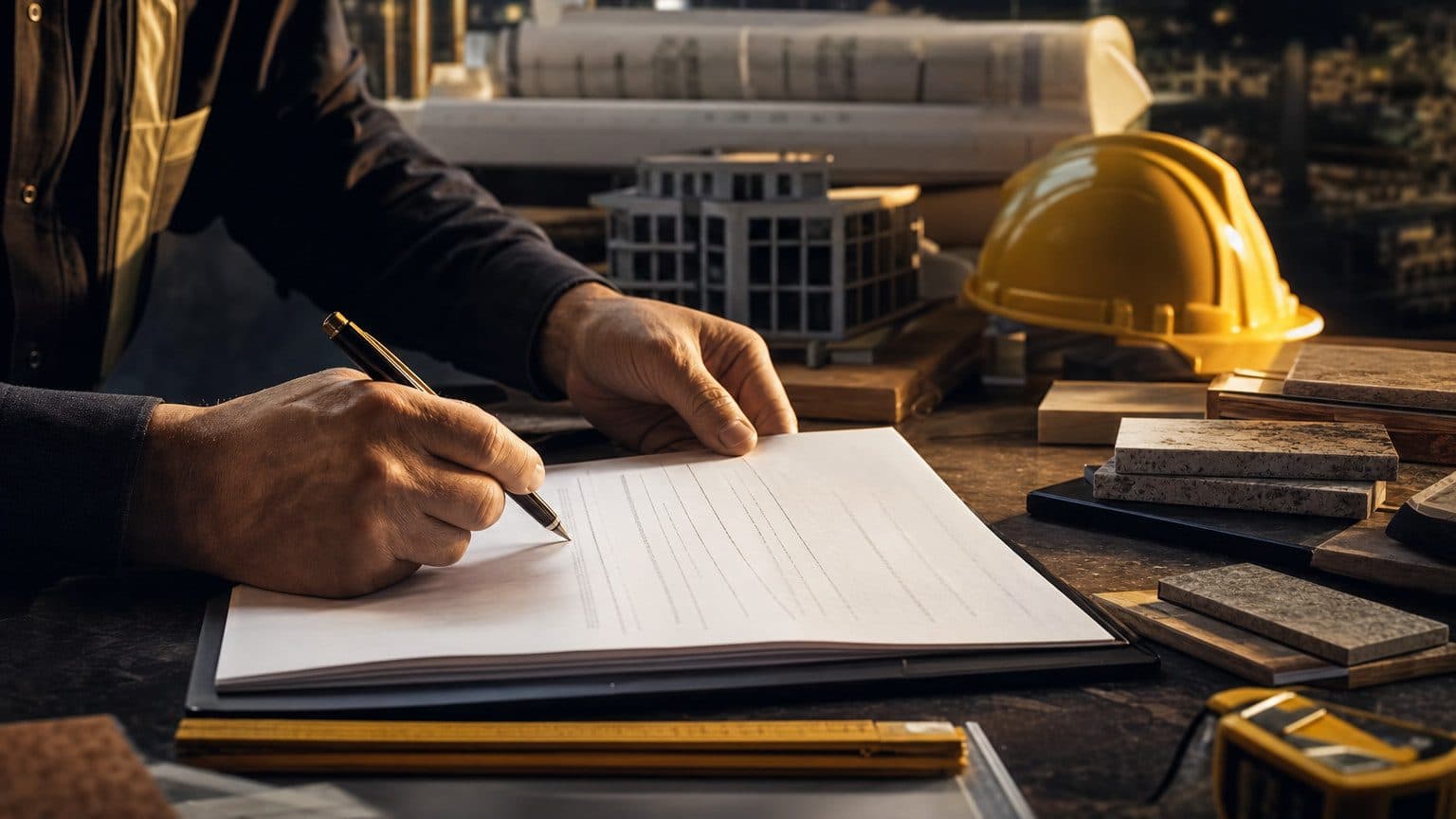 Contractor reviewing a signed contract with a pen on a construction site desk - asking for a deposit before starting work