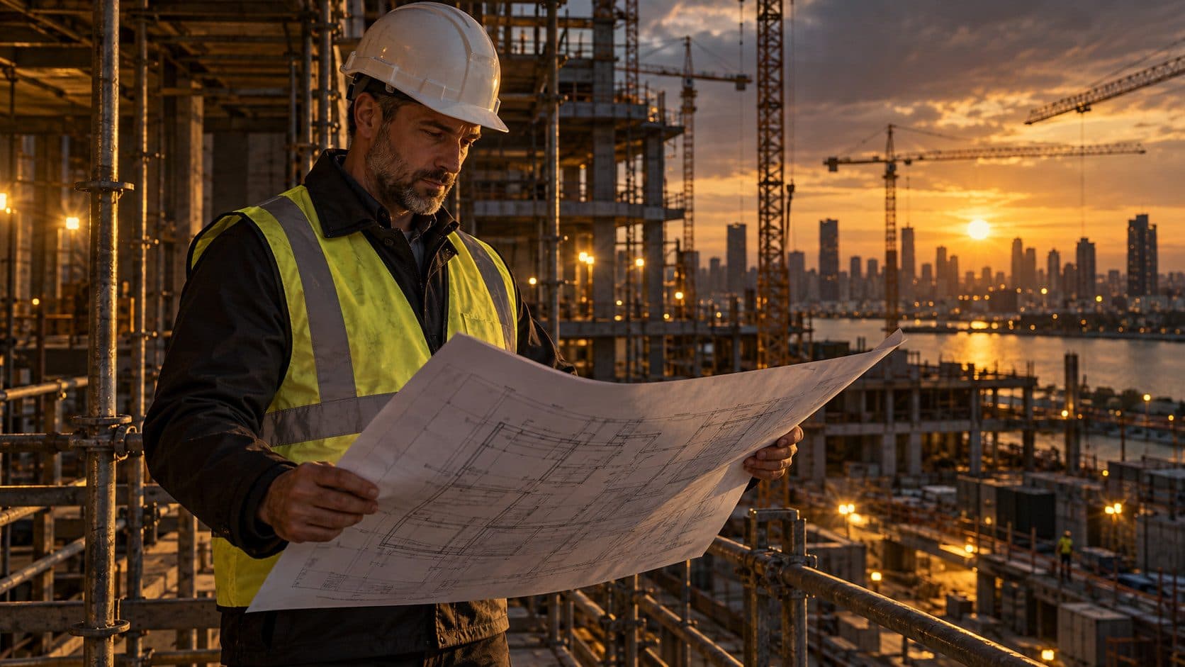 Construction site manager in hard hat reviewing blueprints - how to become a general contractor