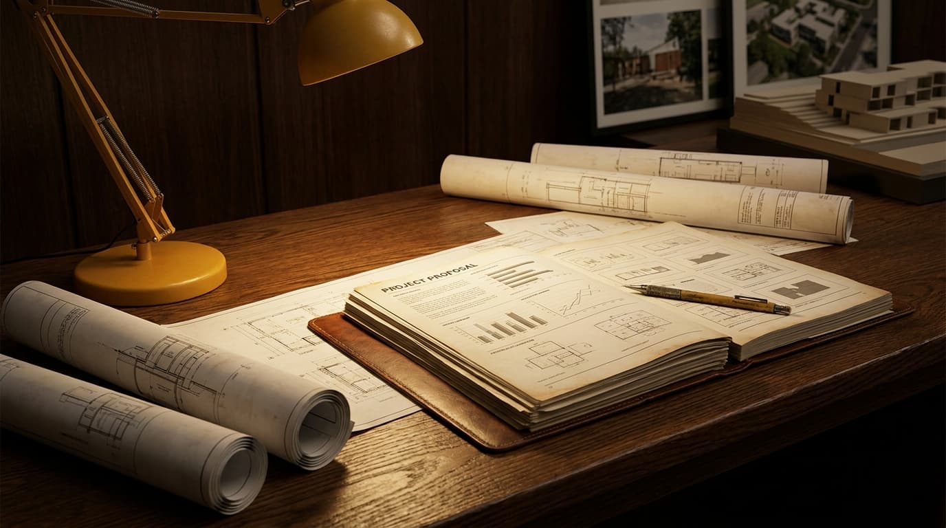 A contractor reviewing blueprints and a detailed bid document under focused golden light at a dark oak desk