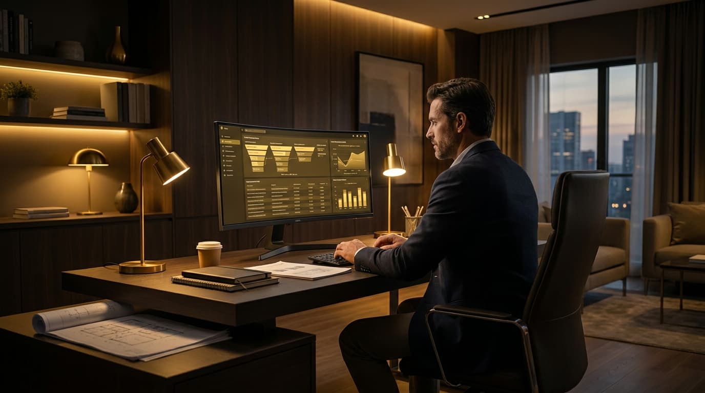 A contractor at a minimal dark desk reviewing a digital lead pipeline dashboard, golden-yellow status indicators glowing across the screen