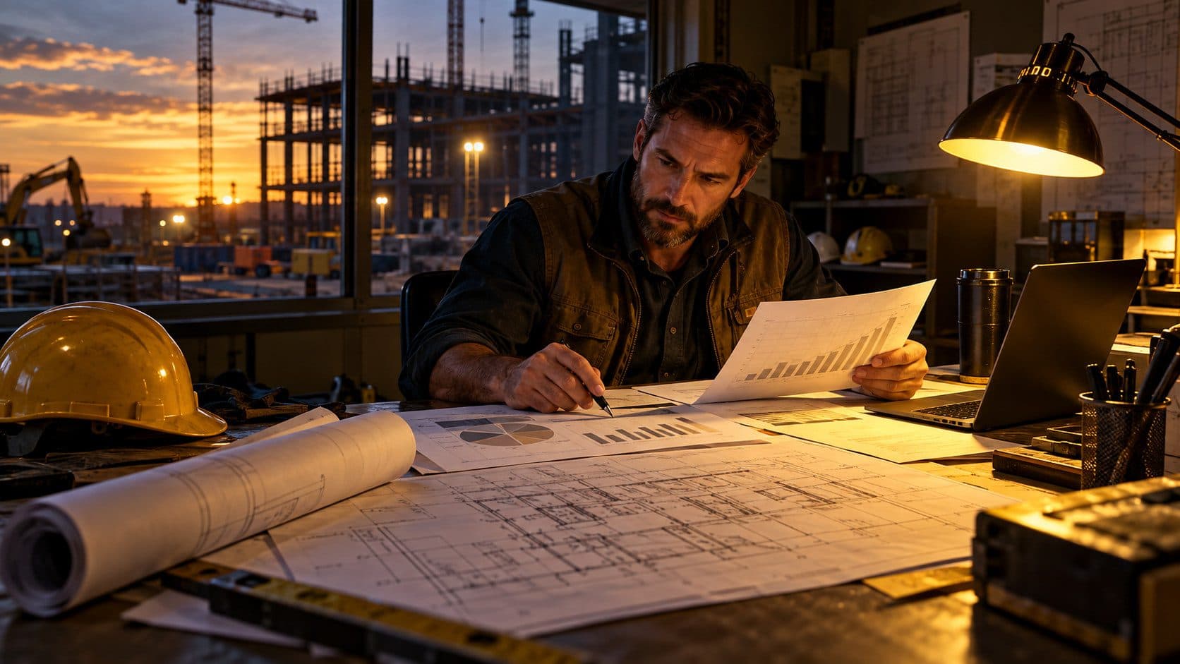 A contractor reviewing financial documents and blueprints at a site office desk, planning the capital stack to take on a larger commercial project