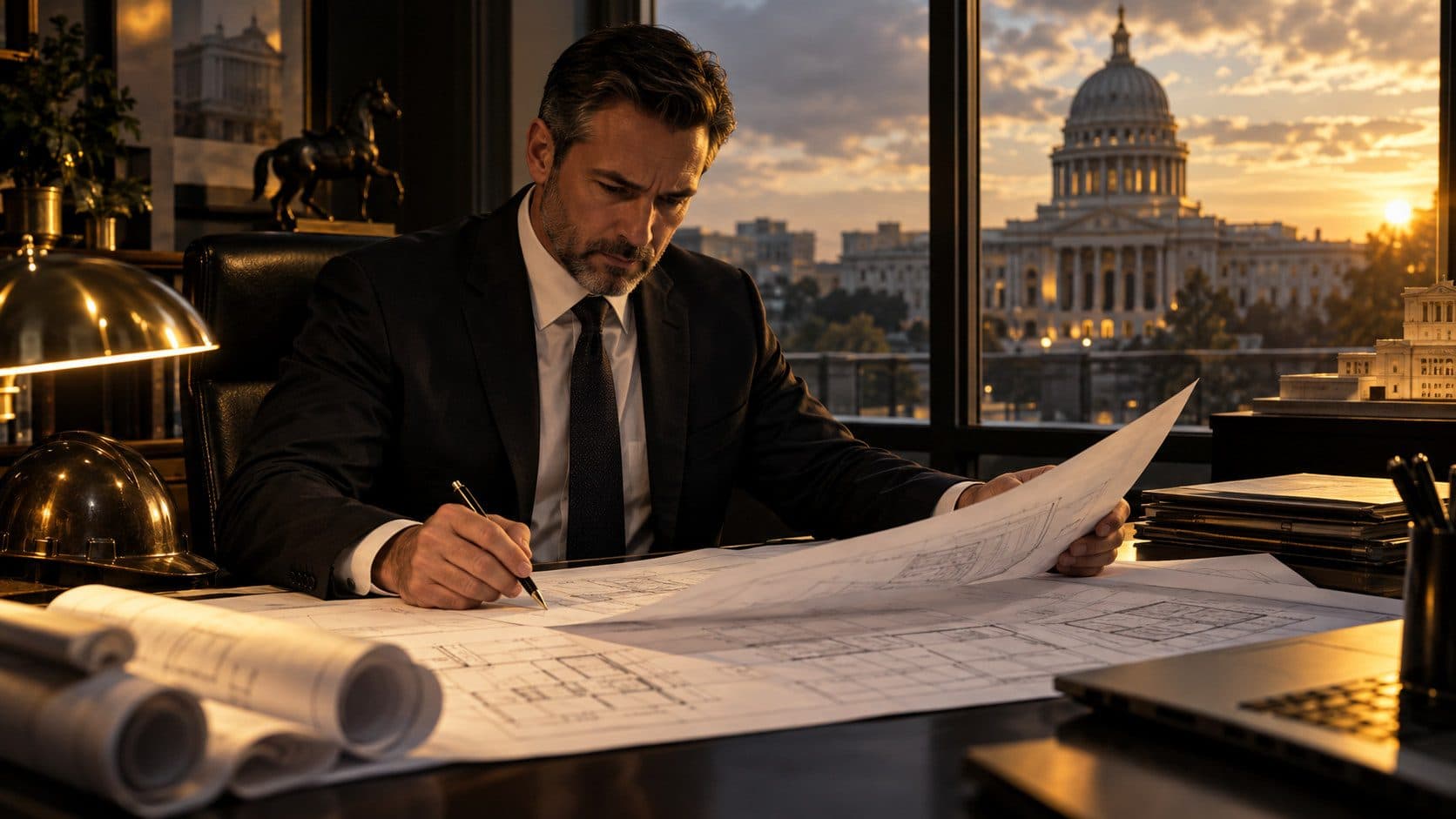 A general contractor reviewing tender documents in a professional office - winning government construction contracts