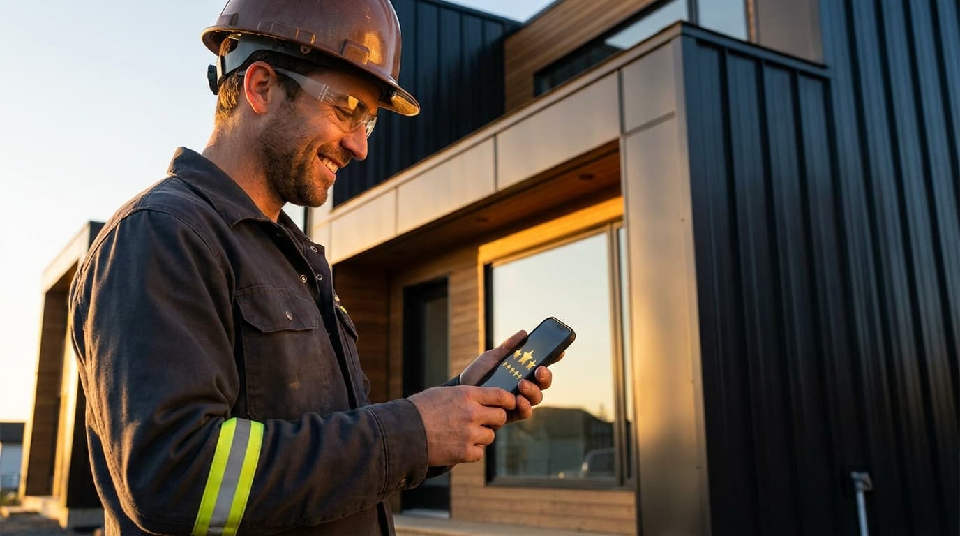 A general contractor reviewing glowing five-star feedback on a phone at a freshly completed building site, golden-yellow afternoon light