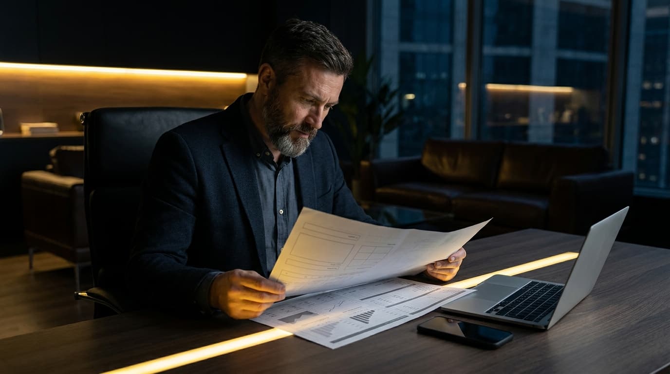 A contractor reviewing a client qualification checklist at a sleek desk, golden yellow accent light, dark premium editorial atmosphere