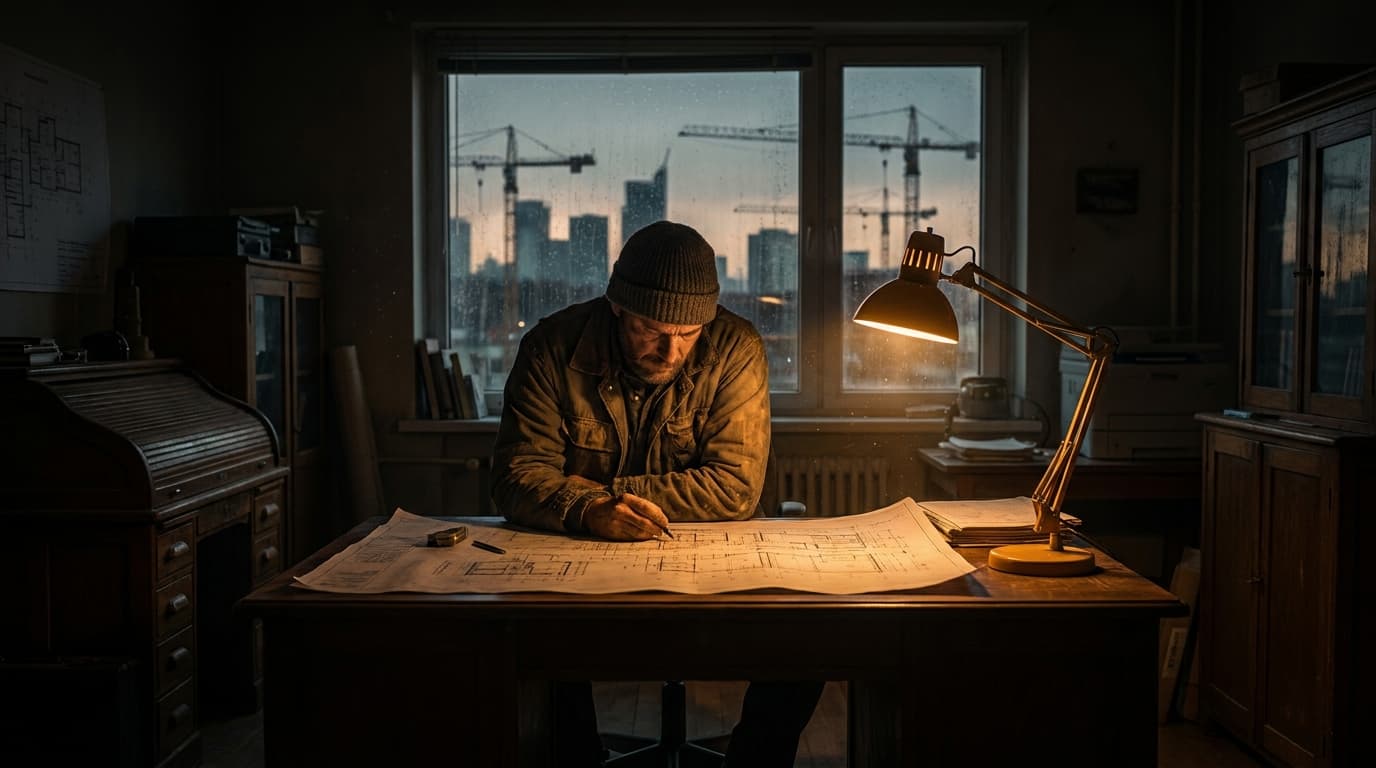 A construction operator reviewing project plans under dramatic golden light on a quiet city rooftop - growing a construction business in a slow market