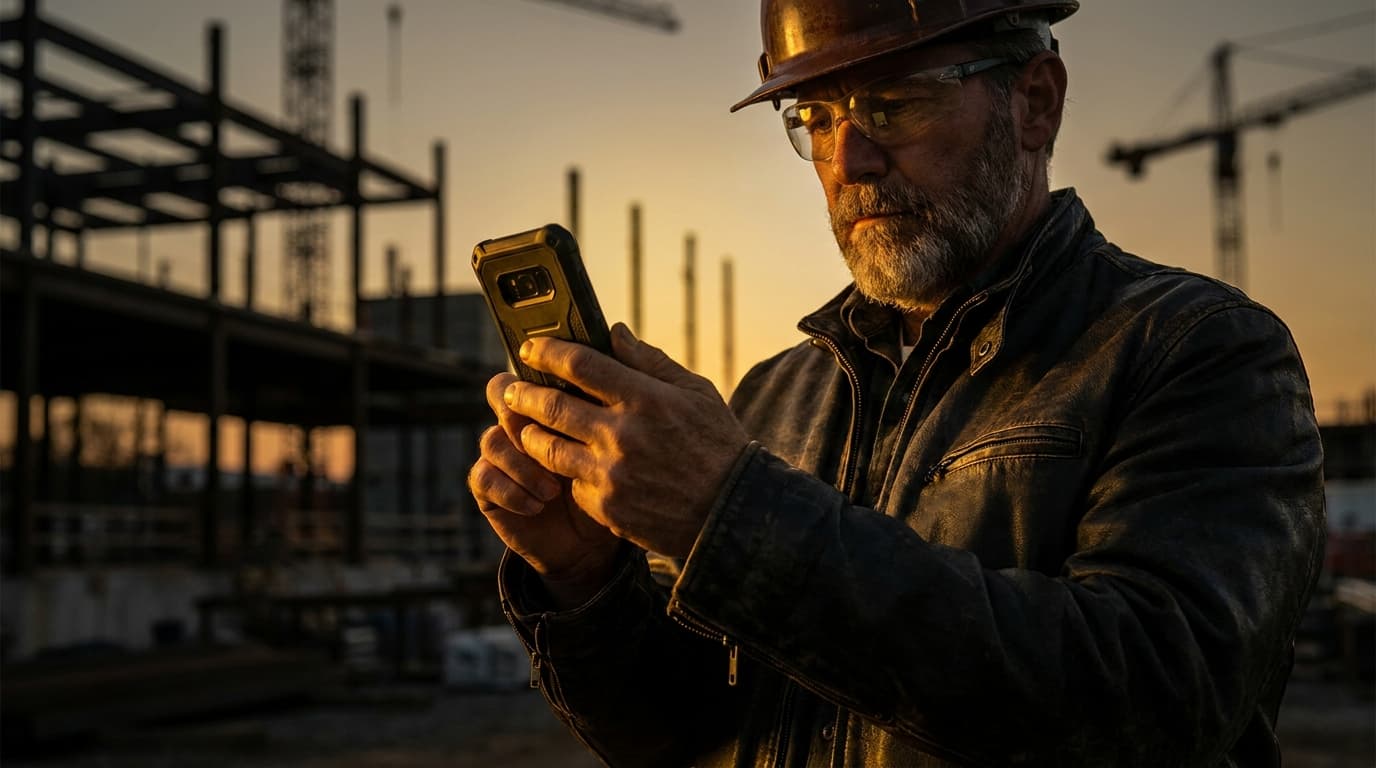 A contractor reviewing project photos on a smartphone with a construction site in the background, warm golden light
