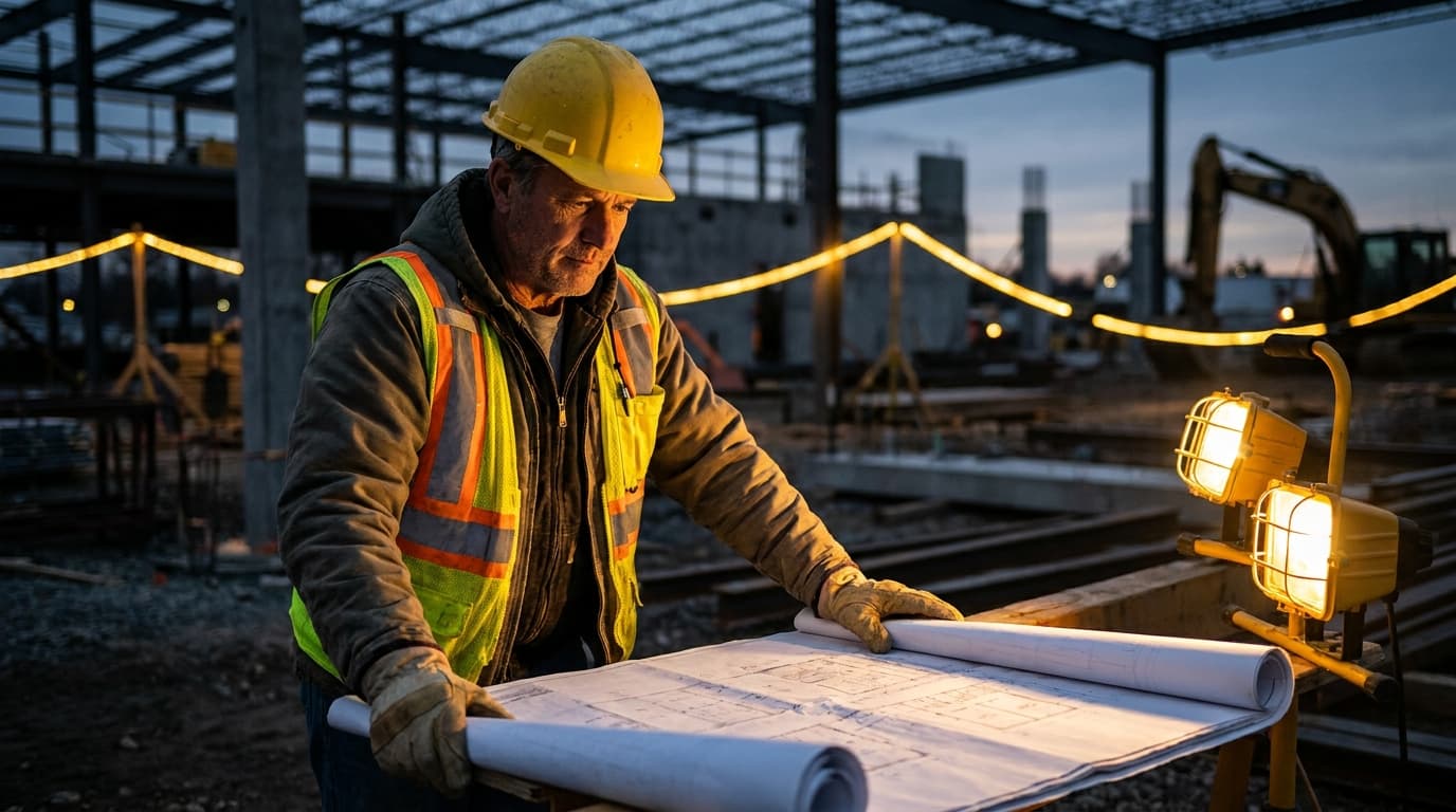 A construction operator reviewing project plans at a large commercial site - growing a construction business through management, not manual labor