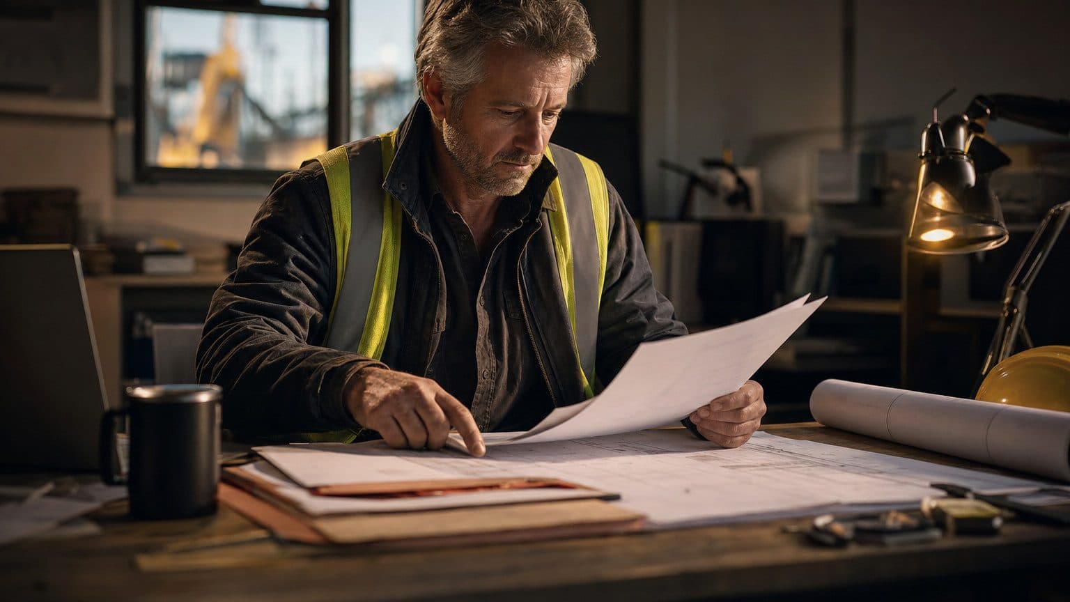 General contractor reviewing a scope document at a construction site office, golden editorial light, dark premium editorial look
