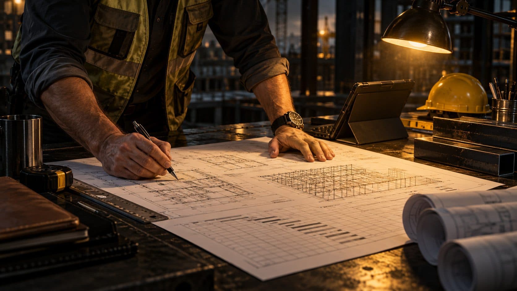 A construction operations manager reviewing project schedules spread across a dark workbench, with warm golden-yellow accent lighting from a work lamp