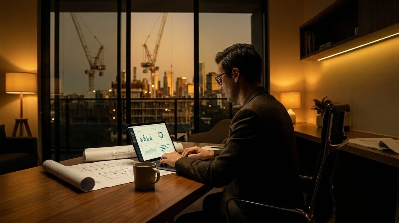 A general contractor reviewing live job dashboards on a laptop from a quiet home office while construction sites run independently