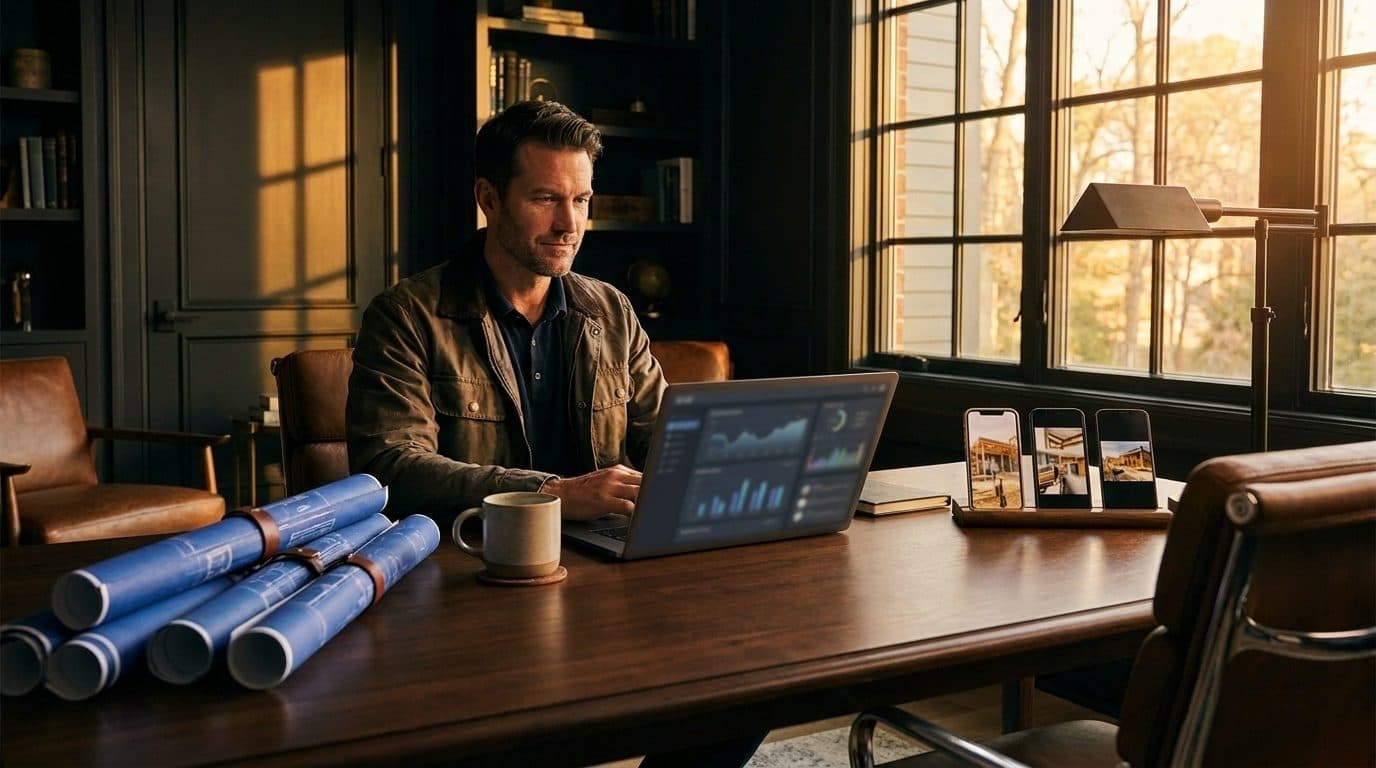A construction operator reviewing job reports on a laptop at a home office desk, blueprints and a coffee visible, golden afternoon light