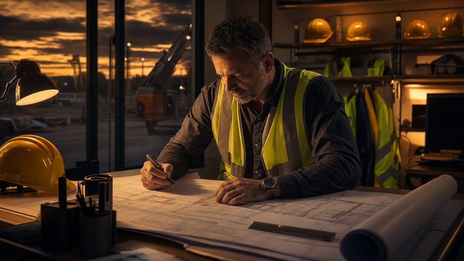 Construction project manager reviewing plans at a site desk, golden editorial light, professional operator perspective