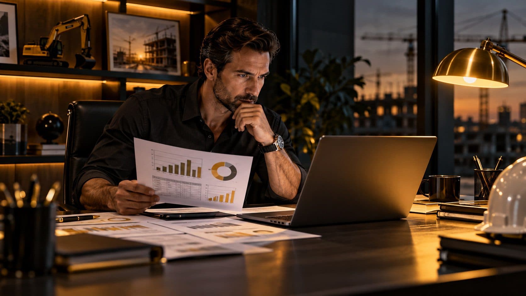 Construction business owner reviewing finances at a desk - how to pay yourself as a contractor