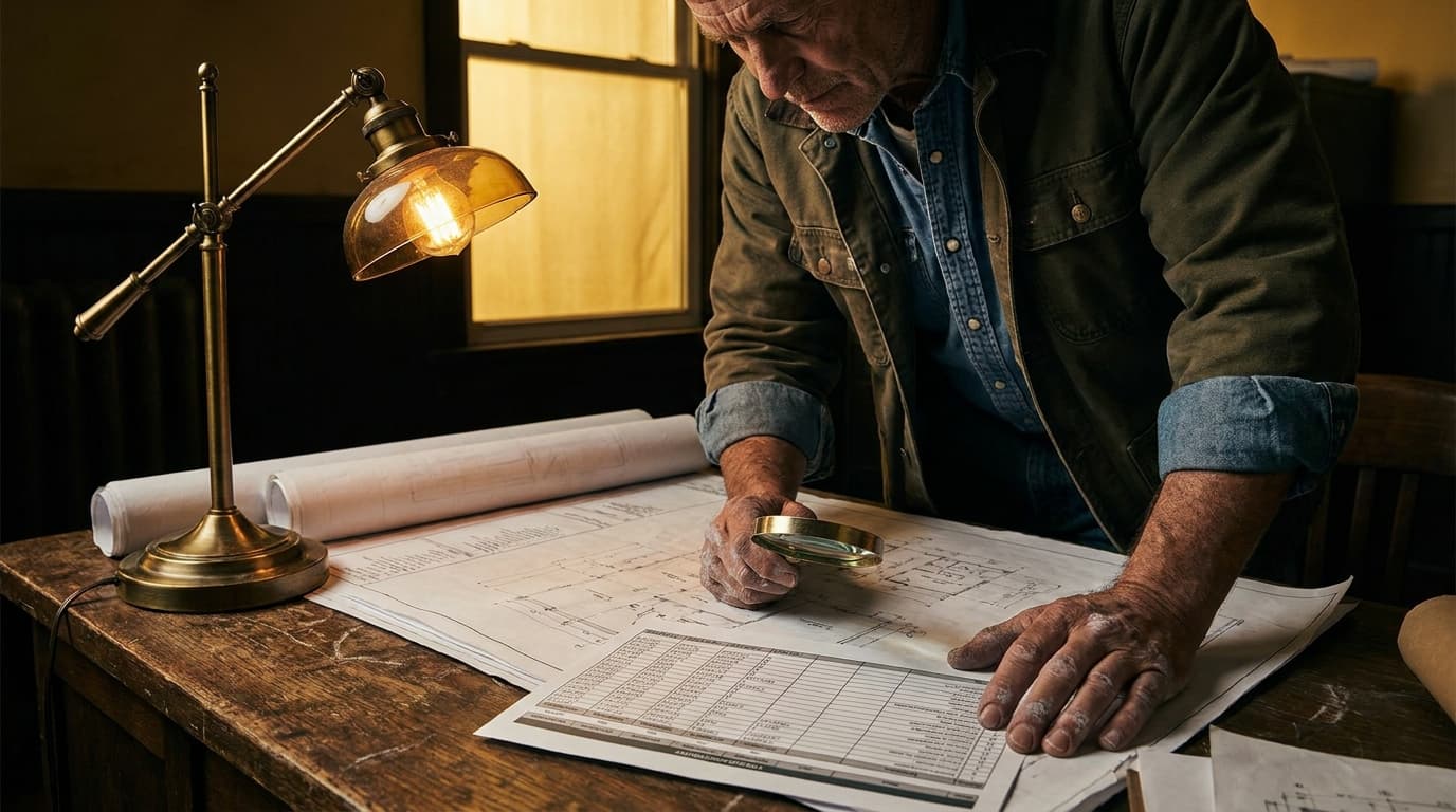Contractor reviewing blueprints and a detailed cost estimate under warm golden workshop lighting
