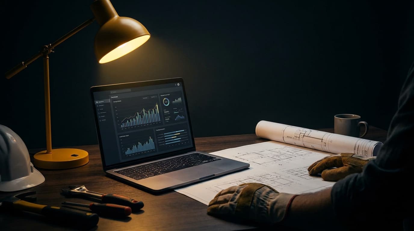 A general contractor reviewing Facebook ad campaign results on a laptop at a dark premium editorial desk with construction plans lit by golden-yellow accent light