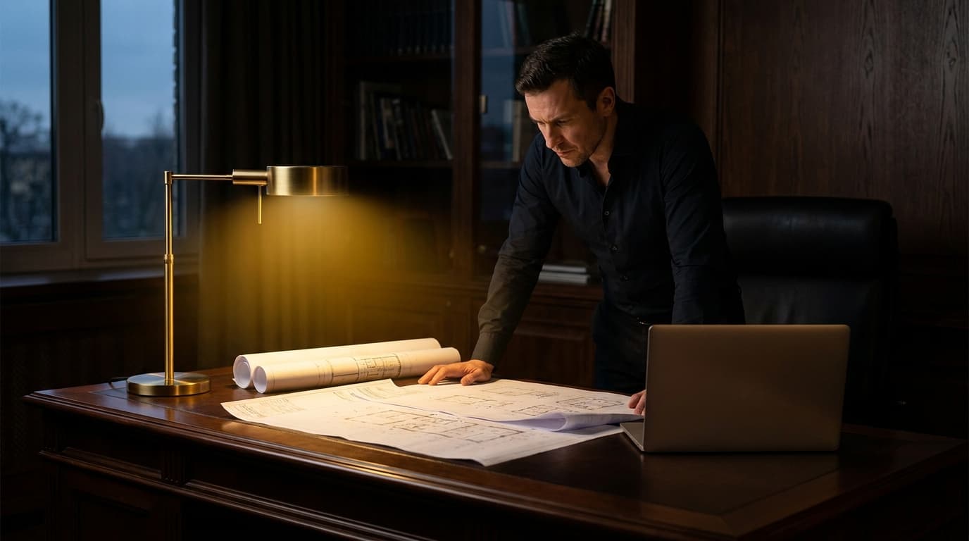 A construction operator reviewing multiple job files at a desk with blueprints and a laptop - scaling a construction business without hiring