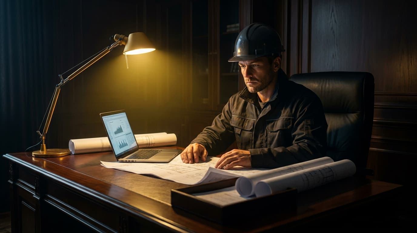 A construction operator reviewing multiple project plans spread across a desk - scaling a construction company through management and subcontractor coordination