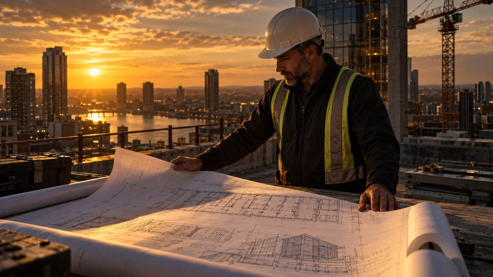 Construction site manager reviewing blueprints at dawn - how to start a construction business