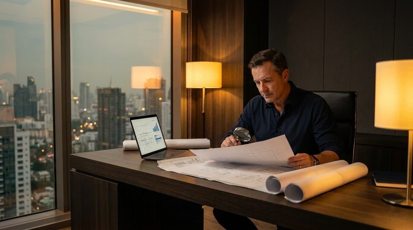 A general contractor reviewing job plans on a laptop at a clean desk, far from the construction site - running the business remotely