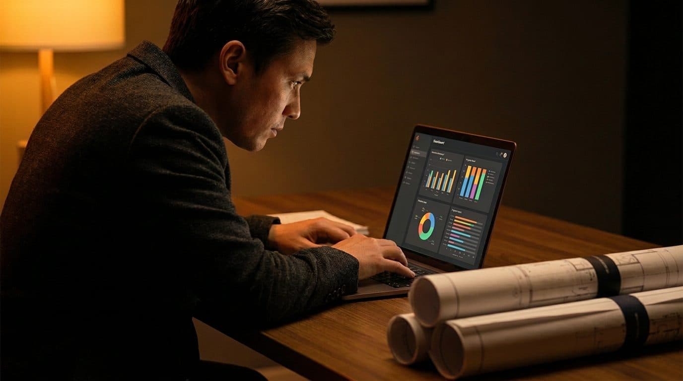 A construction operator reviewing live job dashboards on a laptop at a minimal desk while multiple sites run independently