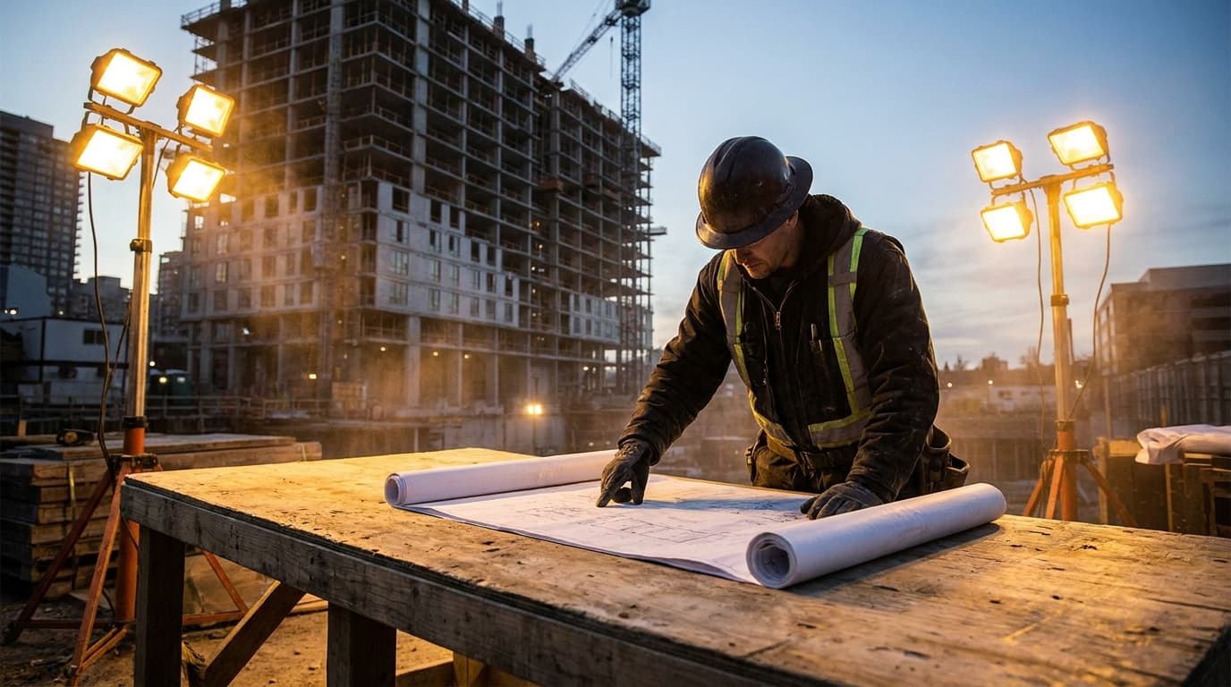 A general contractor reviewing large commercial construction plans at a project site - moving into bigger construction contracts through systems and positioning