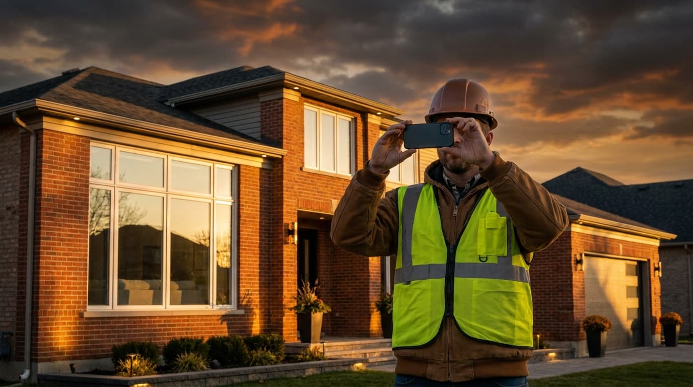 A contractor holding a smartphone to photograph a freshly completed construction project under warm golden light
