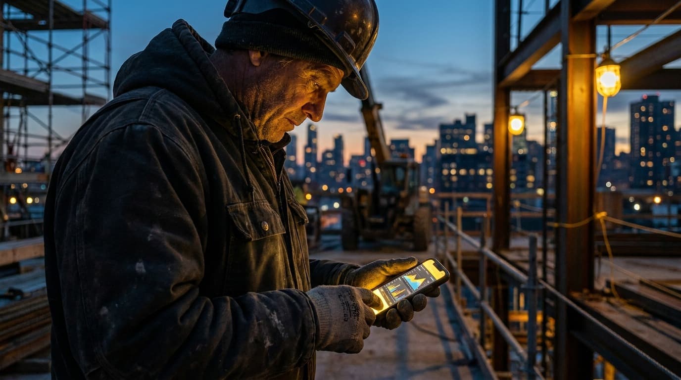 A contractor reviewing Instagram ad campaign results on a phone, golden hour light on a job site backdrop
