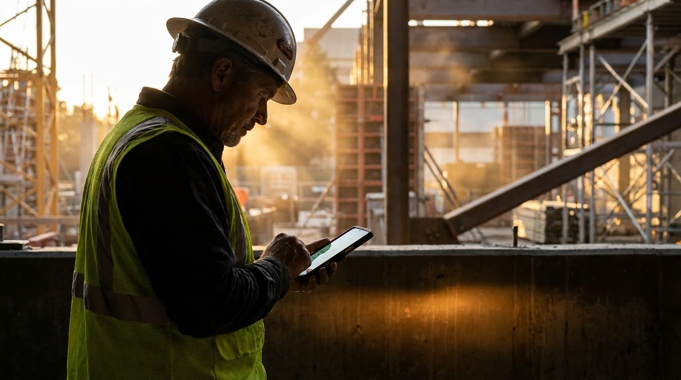 A contractor in a hard hat reviewing project footage on a smartphone at a construction site, warm golden-yellow accent lighting, dark premium editorial photography
