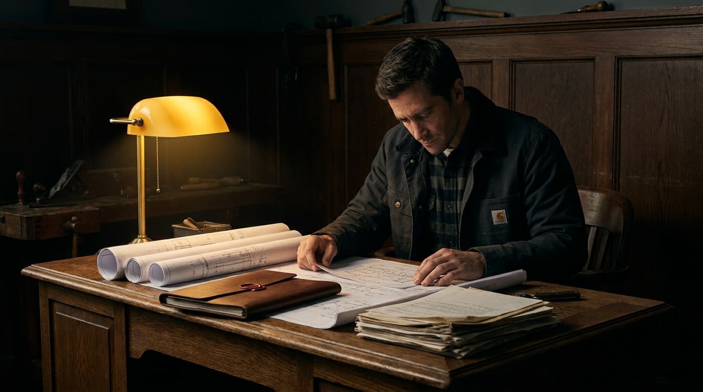A general contractor reviewing bid documents at a dark desk under warm golden light, blueprints and a sealed contract in frame