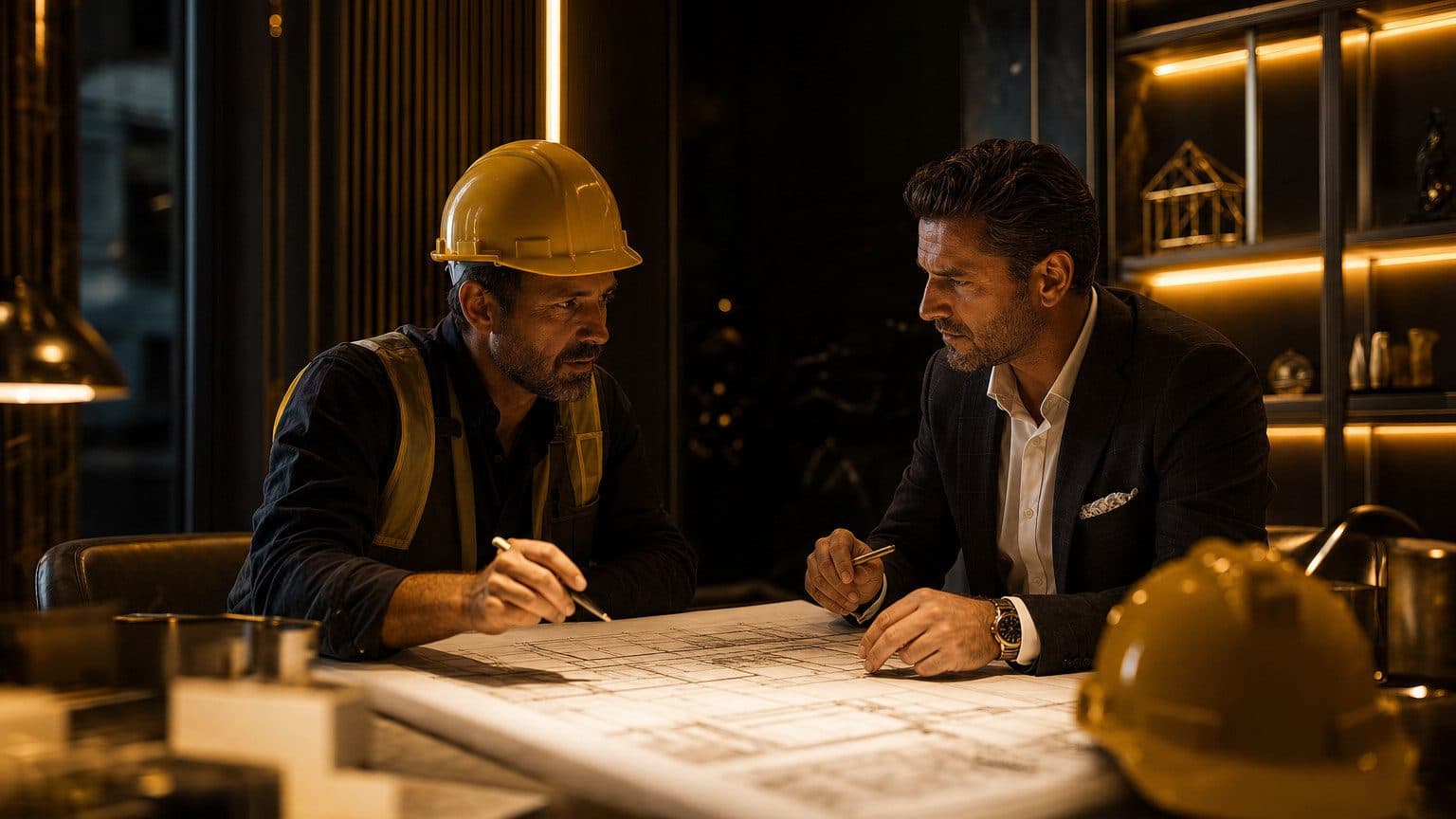 Construction general contractor reviewing architectural plans with a property developer in a dark premium editorial setting, golden accent light