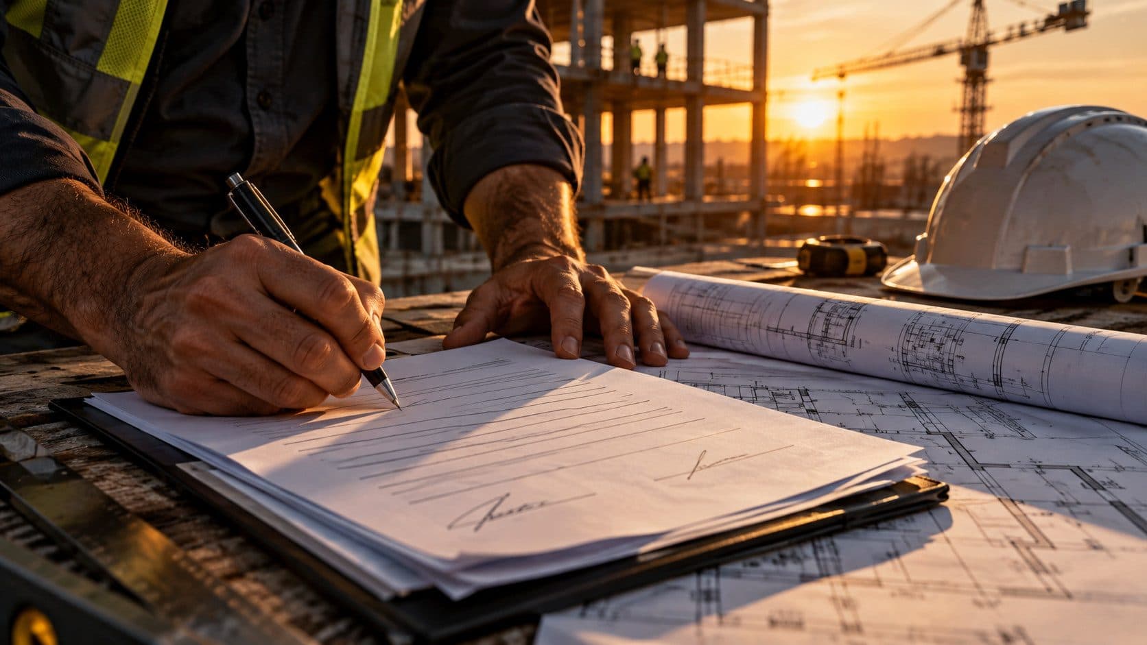 General contractor reviewing a signed construction contract on site - protect your margin with the right clauses