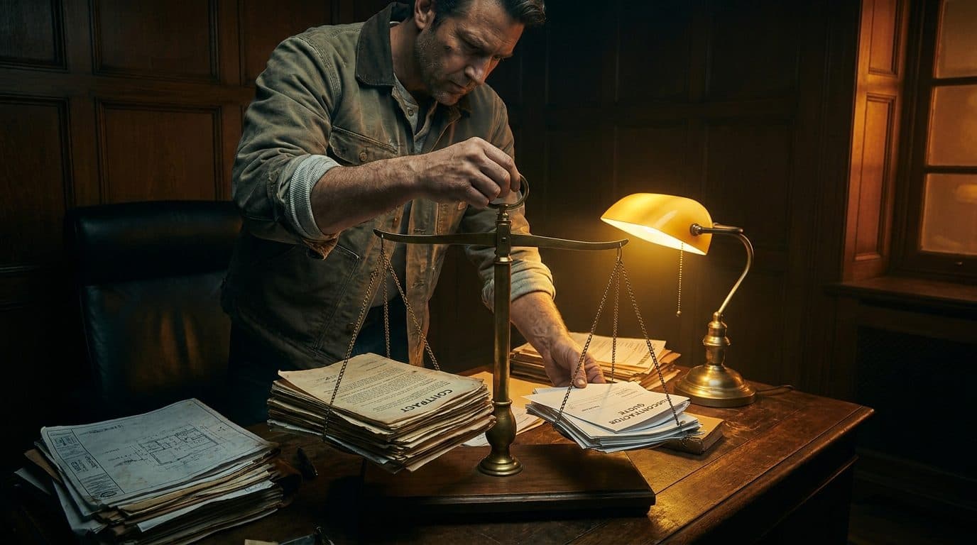 A contractor comparing a client contract and a subcontractor quote at a desk under warm golden light.