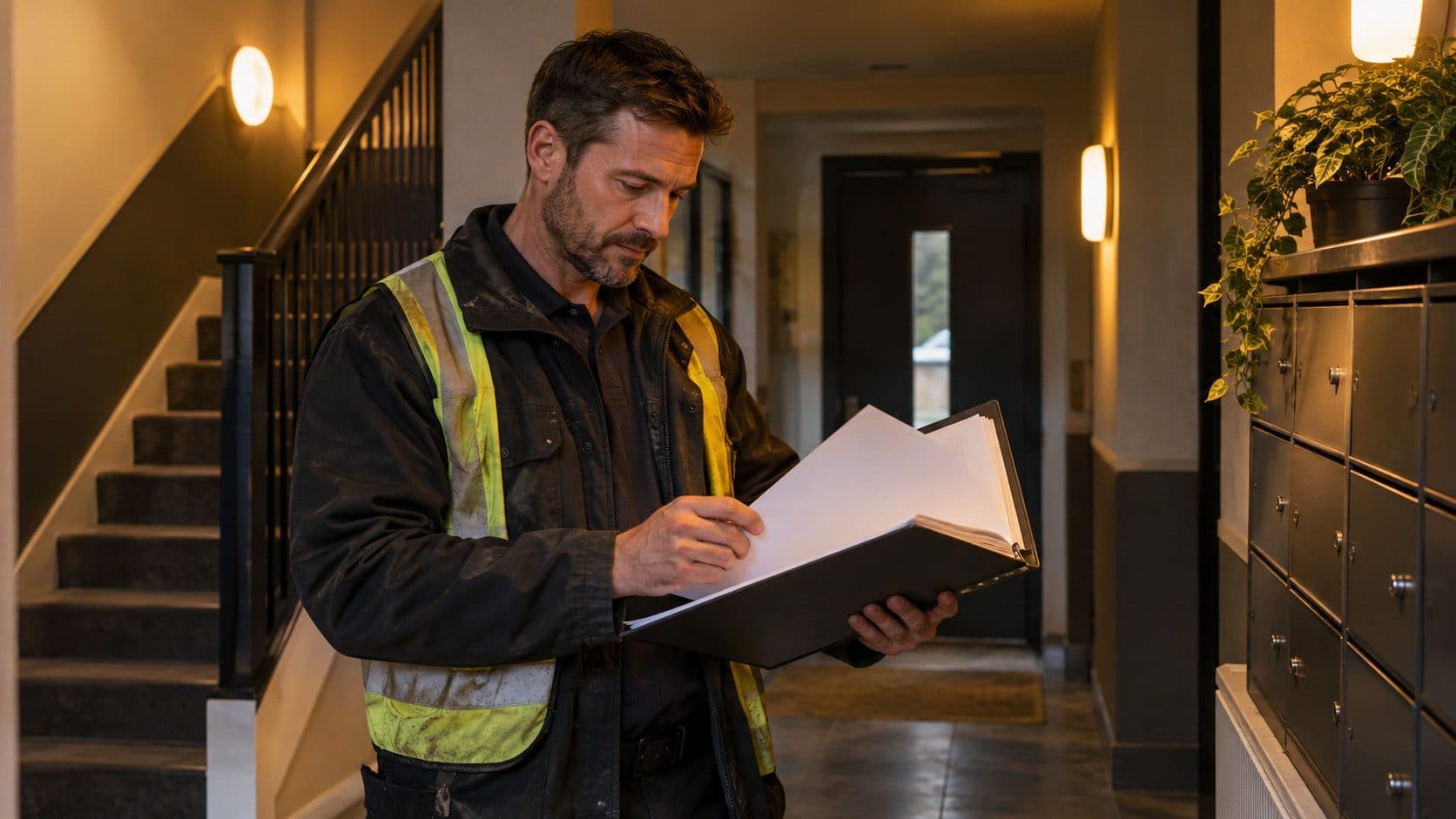 A contractor in workwear reviewing a compliance folder of insurance certificates and risk assessments in the communal hallway of a UK apartment block