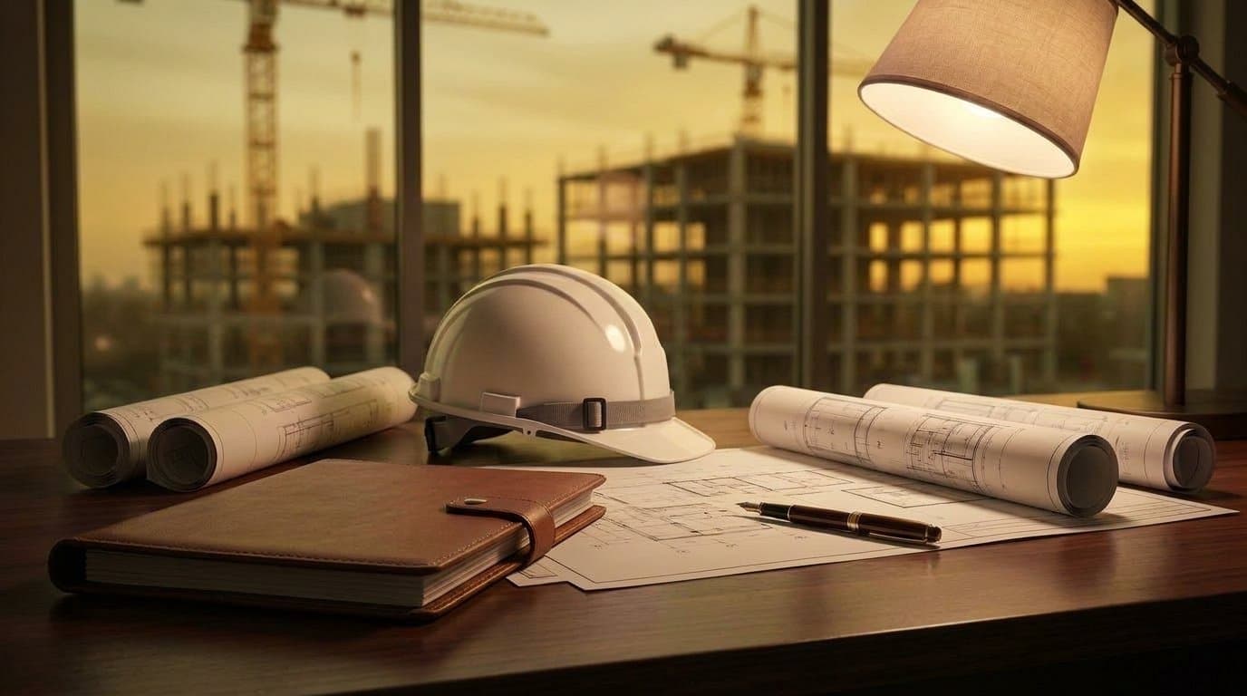A construction contract, hard hat and architectural plans on a desk at dusk