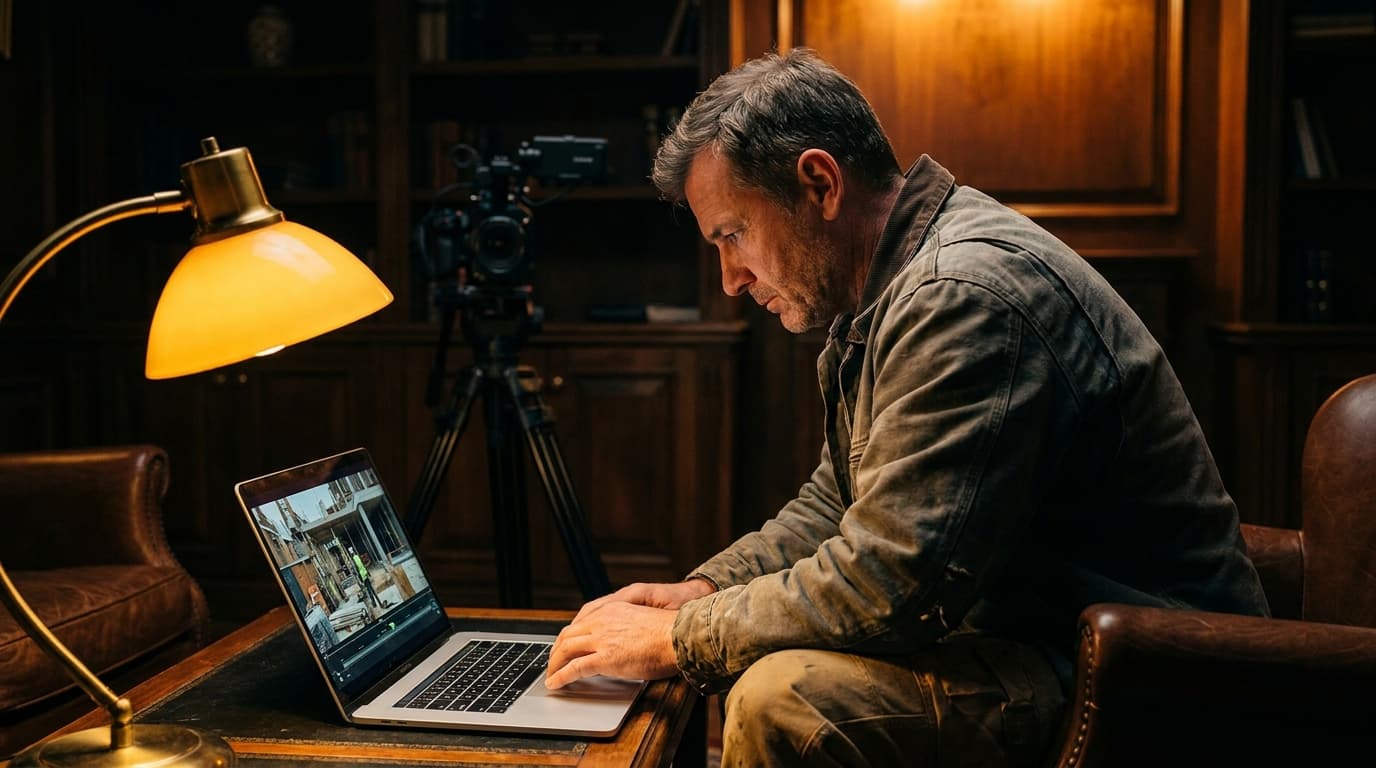A contractor reviewing video footage on a laptop in a dark premium editorial setting with golden light