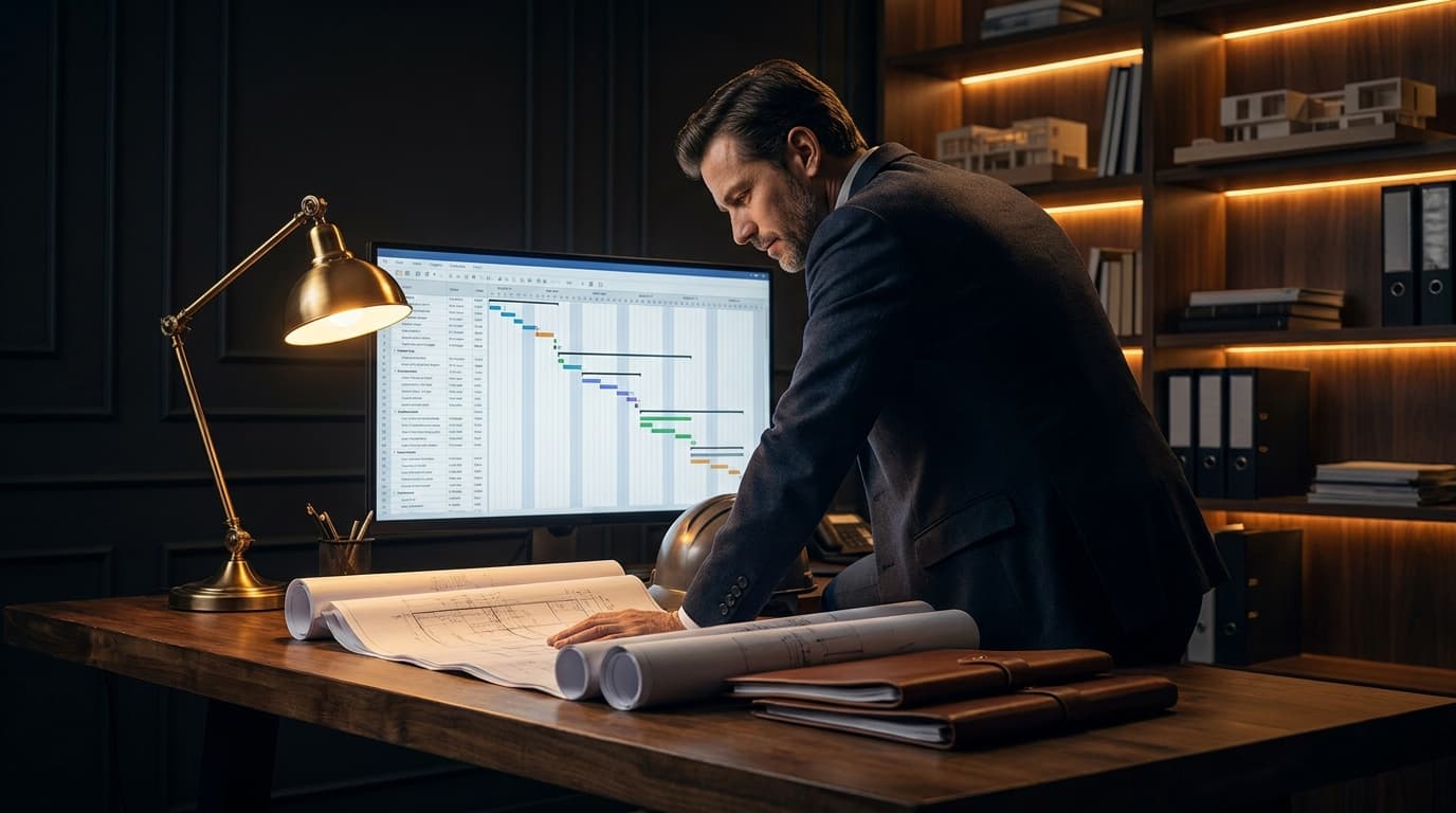 A general contractor reviewing a pipeline of project plans at a clean site office - signs a construction business is ready to scale