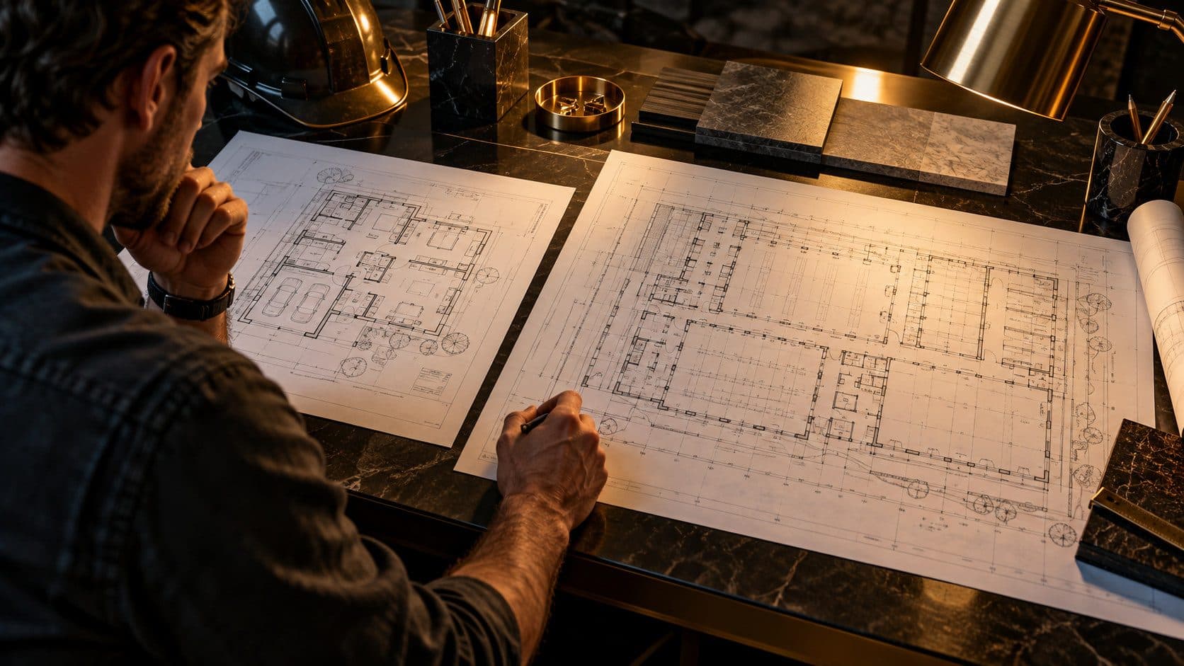 A contractor reviewing two sets of blueprints on a dark workbench with warm golden-yellow accent lighting - one small residential plan and one large commercial plan side by side