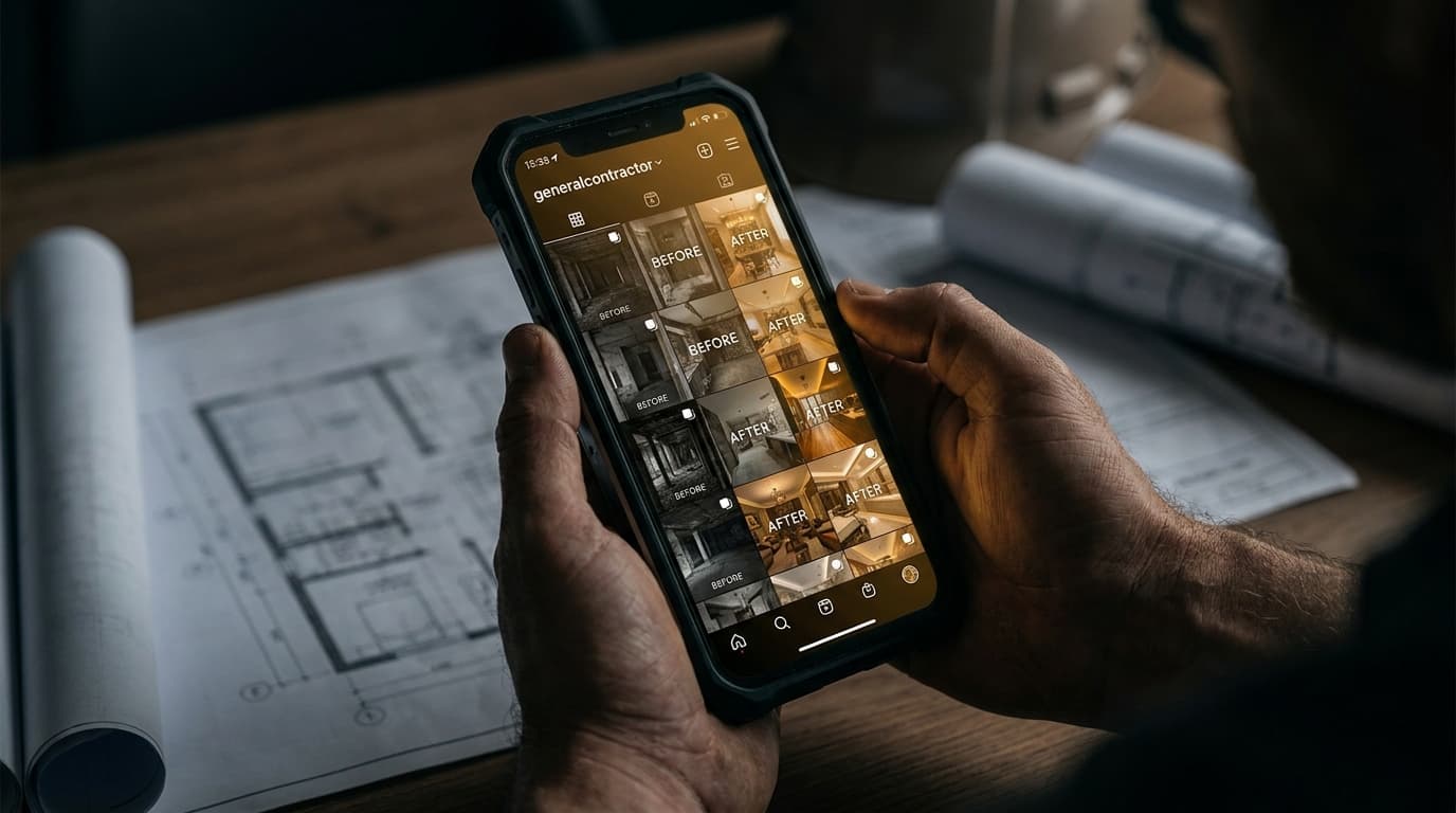 A contractor's phone showing a polished Instagram grid of before-and-after renovation content in a dark premium editorial setting with warm golden light