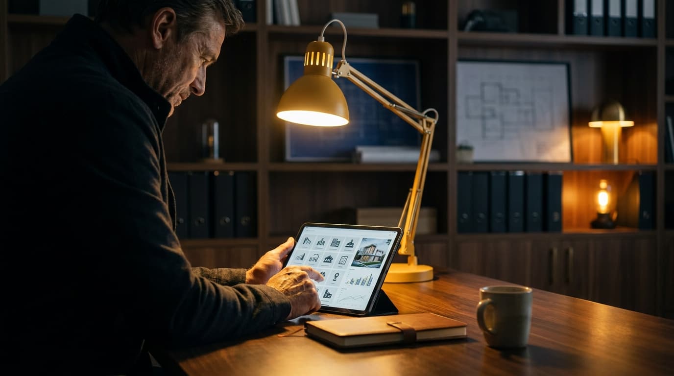 General contractor reviewing job enquiries and lead platform results on a laptop, golden-yellow editorial light, dark premium background