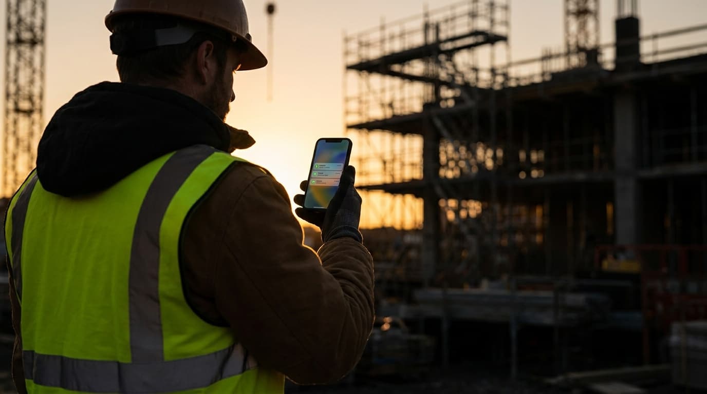 Contractor at a construction site checking a phone showing missed enquiries, warm golden late-afternoon light