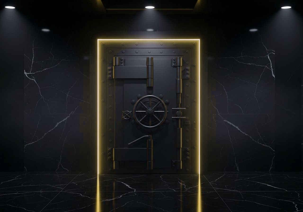 A vault door, lit gold in the dark